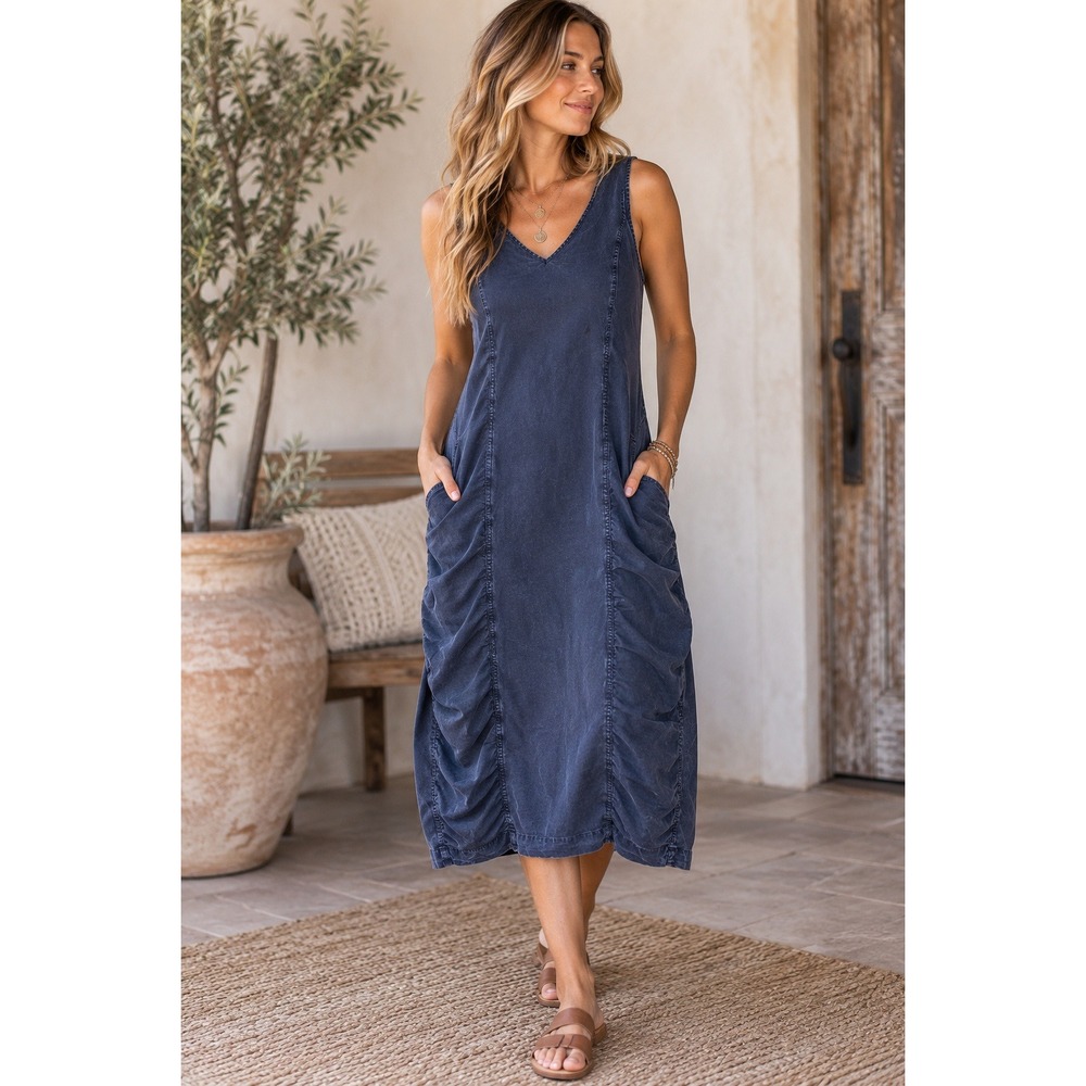 XCVI M Navy Blue Midi Dress Lace Up Back Ruched Pockets Boho Artsy Coastal